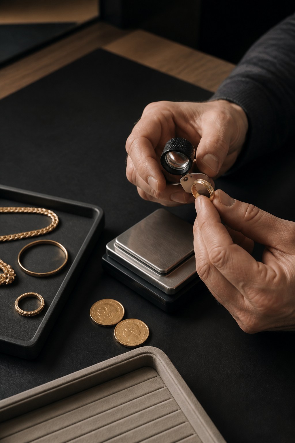 Hände bei der sorgfältigen Bewertung von Goldschmuck und Münzen mit einer Lupe